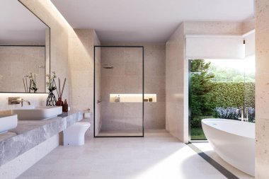Minimum tarzda modern lüks banyo, doğa manzaralı 3D döşeme, bej granit döşeme, duvarlar, gri mermer tezgah yeşil bahçe manzaralı geniş pencereler..