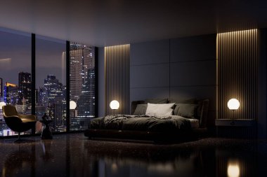 Gece sahnesi, modern tarz lüks siyah yatak odası şehir manzaralı 3D çerçeveli, siyah terrazzo zemin dekore edilmiş gizli ışıkla döşenmiş, siyah kumaştan döşenmiş