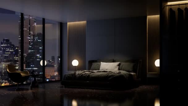 Aminatie Van Moderne Stijl Luxe Zwarte Master Bedroom Met Uitzicht — Stockvideo