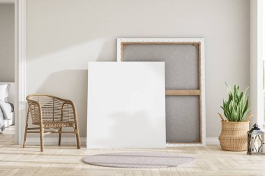 Boş bez çerçeve yere uzandı ve oturma odasının duvarına yaslandı. 3D işlemeli, rattan sandalyeyle süslenmiş ve yatak odasına bakan saksı bitkileri dokudu.