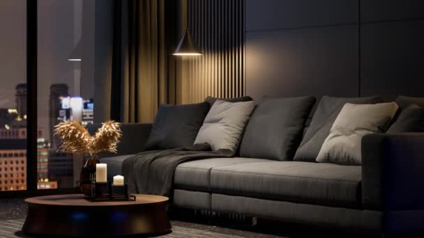 现代风格豪华黑色客厅动画 夜景背景3D渲染 装饰深灰色面料沙发 — 图库视频影像