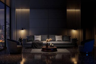 Modern tarzda lüks siyah oturma odası, gece manzaralı, siyah terrazzo zemin dekore edilmiş, gizli ışıklı, fotokopi alanı için boş duvarlı.