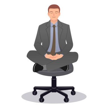 Gri takım elbiseli bir işadamı, beyaz arka planda, ofisteki çalışma koltuğunda meditasyon yaparken mutlu bir yüz takınıyor.