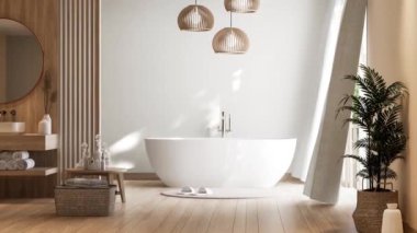 Modern stil ahşap banyo 3 boyutlu animasyonunu kapat, büyük pencere rüzgar perdeleri uçurur, güneş ışığı odaya girer.