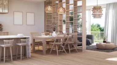 Modern ahşap mutfak, yemek odası ve oturma odasının animasyonu. Doğa manzaralı. Büyük pencere.