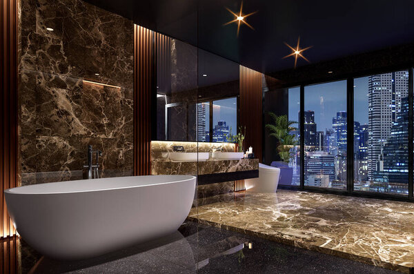 Modern style luxury black bathroom with glossy marble stone 3d render illustration large window with night time beautiful city view