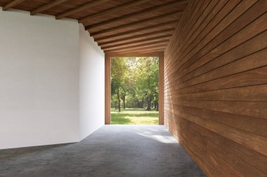 Çatı katının ahşap kaplamasından yeşil bahçeye 3D çerçeveli ahşap duvarlar, beton zeminler, ahşap tavanlı yapılar.