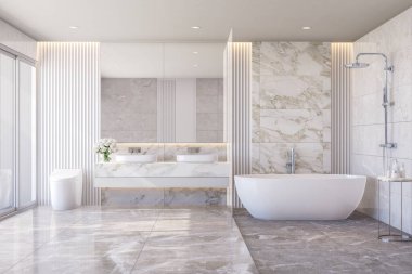Modern tarzda lüks beyaz banyo mermer taşlı 3D resimli oda içine doğal ışık yansıtıyor.