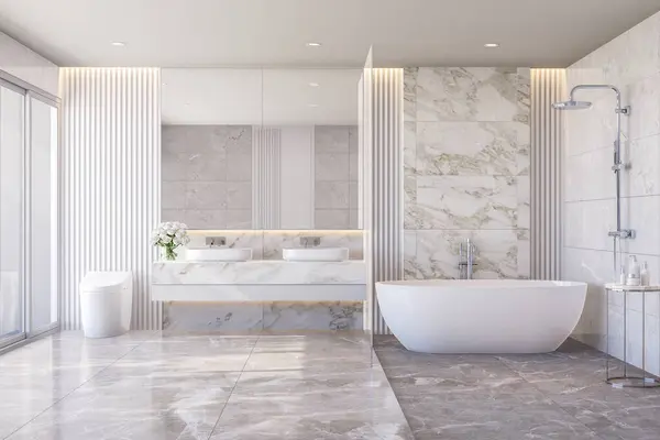 Moderní Styl Luxusní Bílá Koupelna Mramorovým Kamenem Vykreslení Ilustrace Velké — Stock fotografie