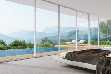 Modern çağdaş çatı katı tarzı yatak odası, yüzme havuzu ve dağ manzaralı 3D döşeme, beton döşeme ve ahşap teras, en az mobilyayla dekore edilmiş.