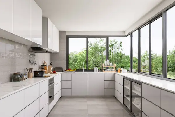 Estilo Mínimo Moderno Cozinha Branca Interior Render Piso Telha Granito — Fotografia de Stock