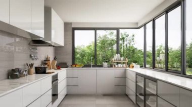 Modern beyaz mutfak iç mimarisi animasyonu, granit döşeme döşemesi, beyaz mermer kaplamalı beyaz tezgah, geniş pencereli doğa manzaralı.
