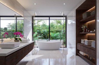 Kuru ve ıslak alanları ayıran cam bölmeli modern beyaz banyo. 3D döşeme, granit döşeme ve duvarlar, beyaz terrazzo, ahşap dolaplar, yeşil bahçe manzaralı büyük pencereler..