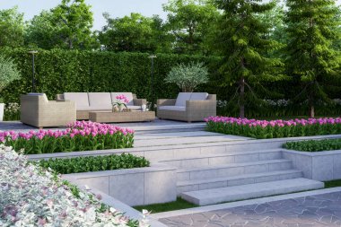 Modern çağdaş çatı katı tarzı teras, açık havadaki rattan mobilya 3D döşeme, beton basamaklar var, doğaya bakan güzel pembe çiçeklerle süslenmiş arka plan.