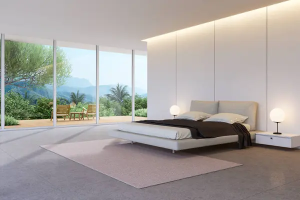 マウンテンビュー3Dレンダリング コンクリートタイルフロア 溝と木製のテラス付きの白壁 最小限の家具で装飾された現代ロフトスタイルのベッドルーム — ストック写真