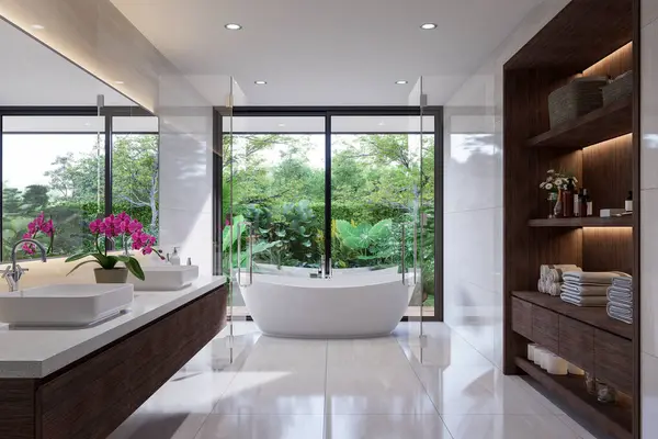 乾燥した ぬれた区域3Dレンダリング 花崗岩のタイルの床および壁 白いテラゾ 木のキャビネット 緑の庭の景色が付いている大きい窓を分ける明確なガラスの仕切りが付いている現代白い浴室 — ストック写真