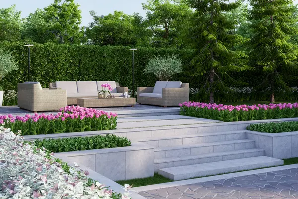 屋外の藤の家具3Dレンダリングが付いている現代ロフト様式のテラスは 自然の景色の背景を見渡す美しいピンクの花と装飾される具体的なステップがあります — ストック写真