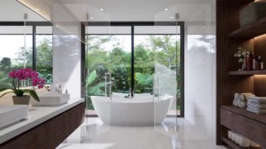 Modern beyaz banyo animasyonu, cam bölmeli 3D döşeme, granit fayans döşeme ve duvarlar, beyaz terrazzo, ahşap dolaplar, yeşil bahçe manzaralı geniş pencereler..