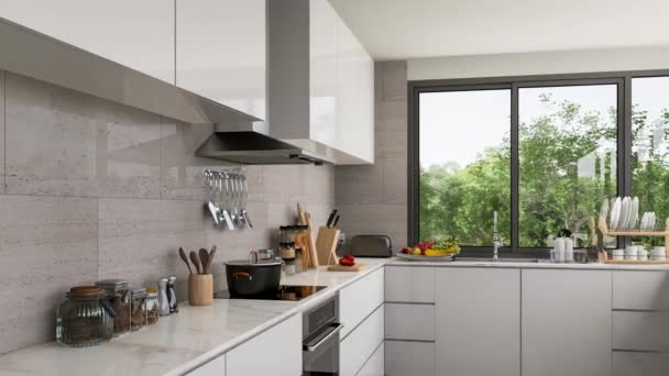 简约风格的现代白色厨房室内动漫自然景致3D渲染 有花岗岩瓷砖地板 白色光滑的柜台柜 白色大理石顶 — 图库视频影像