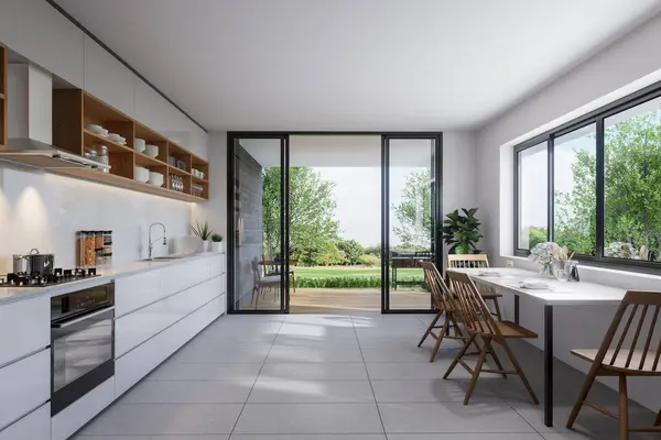 Estilo Moderno Cozinha Branca Sala Jantar Interior Com Vista Para — Fotografia de Stock