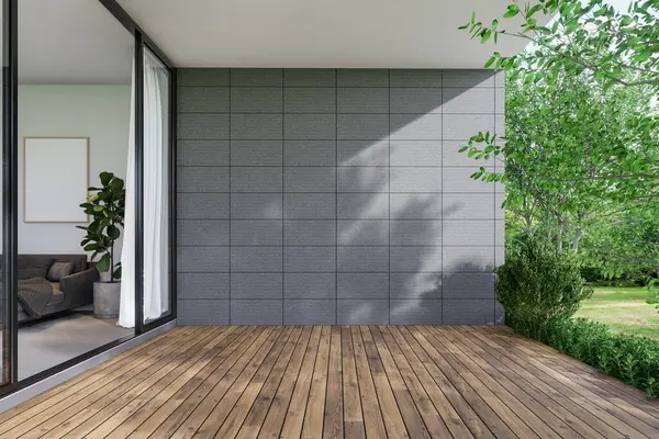 コピースペース3Dレンダリングのための空白のコンクリートタイルの壁が付いている現代様式の木のテラス そこに自然の景色の背景を見渡すリビングルームに開くドアがあります — ストック写真