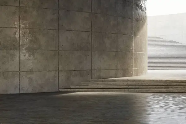 コピースペースのための空のカーブの壁のコンクリートが付いている現代ロフト様式の建物外に上がる階段が付いている3Dレンダリング — ストック写真