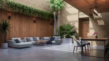 Modern çağdaş çatı katının animasyonu. İç döşeme. 3 boyutlu beton zemin kil duvar var.