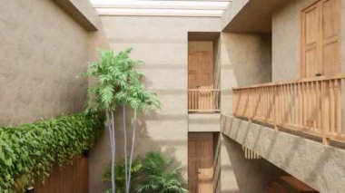 Çağdaş çatı katının animasyonu. İç dekorasyonu doğa bitkisiyle dekore edilmiş. Üç boyutlu beton zemin kil duvar ışığı yukarıdan odaya giriyor.