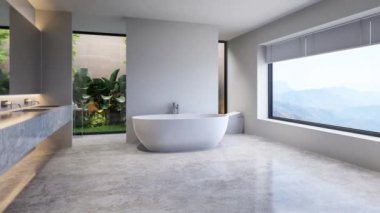 Minimum stil modern lüks banyo animasyonu doğa manzaralı 3D çerçeveli, mermer zemin ve dağ manzaralı beyaz pencere var.
