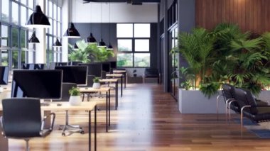 Modern endüstriyel çatı katının animasyonu. İçi yeşil doğayla dekore edilmiş. 3 boyutlu, ahşap zemin ve tahta duvarlar var.