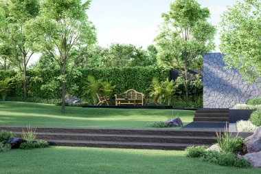 Modern lüks bahçe tasarımı fikir 3D renkler yeşil çimenler, siyah taş yürüyüş yolu ahşap dış mobilya ile süslenmiş, sabah güneşi ışığı