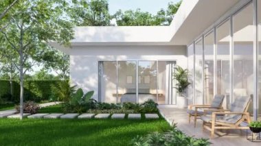 Minimum stil modern beyaz sarayın dış görünüşü tropikal bahçe 3D görüntüsü, açık hava kumaş sandalyeyle süslenmiş ahşap teras yatak odası manzaralı.