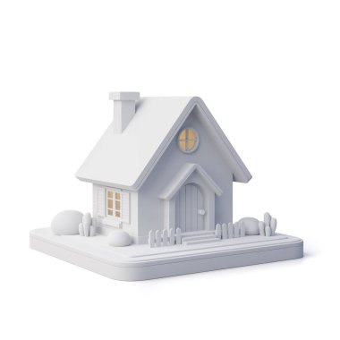 Beyaz arka planda izole edilmiş şirin çizgi film tarzı beyaz ev kırpma yolu 3D çizim illüstrasyonu