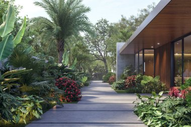 Çağdaş çatı katı tarzı evin arka bahçe beton geçidi tropikal bir orman bahçesidir..