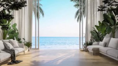 Modern tarz rahat beyaz oturma odasının animasyonu. Kapısı açık, deniz manzarası 3D görüntüsünü görmek için. Tropikal bitkilerle süslenmiş ahşap bir zemin var..