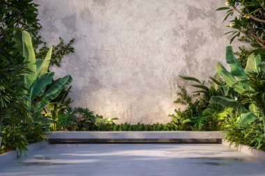 Boş beton duvarın dış yüzeyi. Kopya alanı 3D görüntüleme. Tropikal doğayla çevrili.