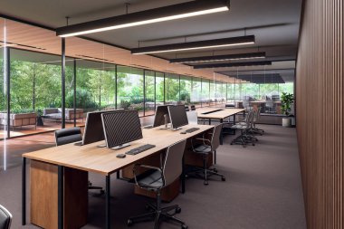 Modern çağdaş çalışma odası iç mimarisi, gri halı döşemesi, ahşap terasa bakan büyük pencereler ve doğa manzarası var.