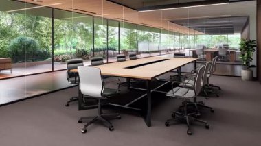 Modern çağdaş toplantı odasının animasyonu iç mekan 3D, gri halı döşemesi büyük pencereler ahşap terasa ve doğa manzarasına bakıyor.