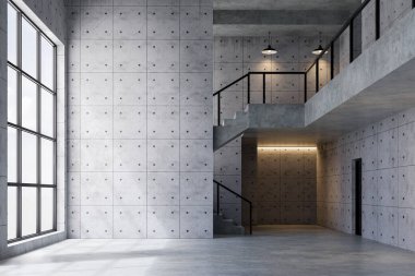 Modern çağdaş çatı katı tarzı boş oda, fotokopi için boş duvar 3D çizim, oyuk desenli beton duvar, odaya parlayan büyük pencere ışığı.