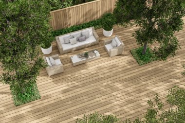 Çağdaş ahşap terasın havadan görünüşü, yeşil doğayla çevrili üç boyutlu rattan mobilyalar.
