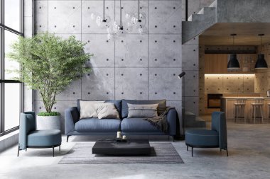Modern çatı katı tarzı, yüksek tavanlı, 3 boyutlu, oyuk desenli beton bir duvar var, mavi kumaş kanepeyle dekore edilmiş, büyük pencereli güneş ışığı odaya giriyor..