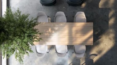 Modern çatı katı tarzı oturma ve yemek odasının animasyon üst görüntüsü 3D, beton zemin var, mavi kumaş kanepe ve ahşap masa ile dekore edilmiş, büyük pencere güneş ışığı odaya parlıyor..