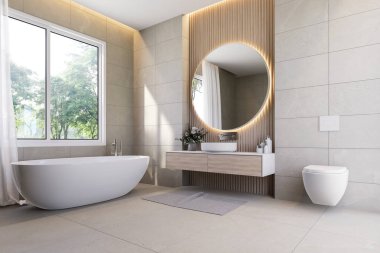 Modern çağdaş banyo, doğa manzaralı 3D döşeme, mermer döşeme ve bahçeye bakan büyük bir pencere var.