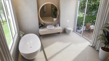 Teras ve doğa manzaralı modern banyonun havadan normal görüntüsü 3D döşeme, mermer döşeme ve bahçeye bakan geniş bir pencere var.