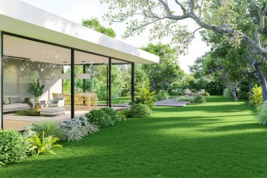 Modern tarz evin boş yeşil çimenliği tropikal yeşil arka plan 3D çizim.