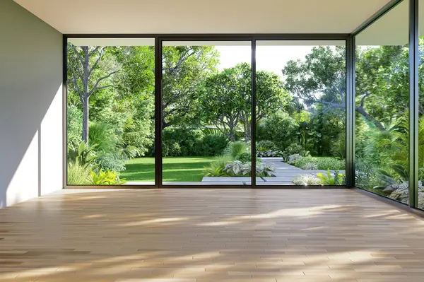 Modern çağdaş tarz boş oda geniş pencereli tropikal yeşil bahçe arkaplan 3d resimleme