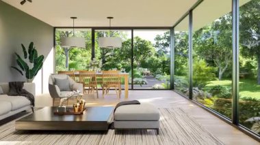 Modern tarz oturma ve yemek odasının animasyonu. Tropikal yeşil arka plan manzaralı geniş pencere. 3D
