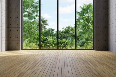 Çağdaş çatı katı tarzı geniş pencereli, tropikal yeşil arka plan 3d resimli boş oda