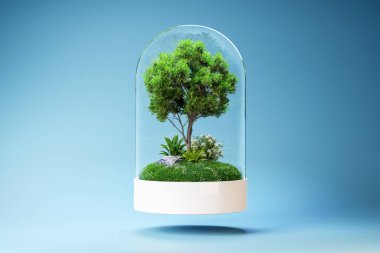 Cam bir kubbenin içinde, sürdürülebilirliği, ekolojiyi ve doğal dengeyi sembolize eden yemyeşil ve bir ağacın yer aldığı 3D minyatür bir ekosistem teraryumunun canlandırılması.