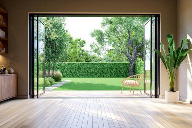 Modern çağdaş tarz boş oda geniş pencereli yeşil çimenler ve tropikal doğa bahçesi arka planı 3d resimleme